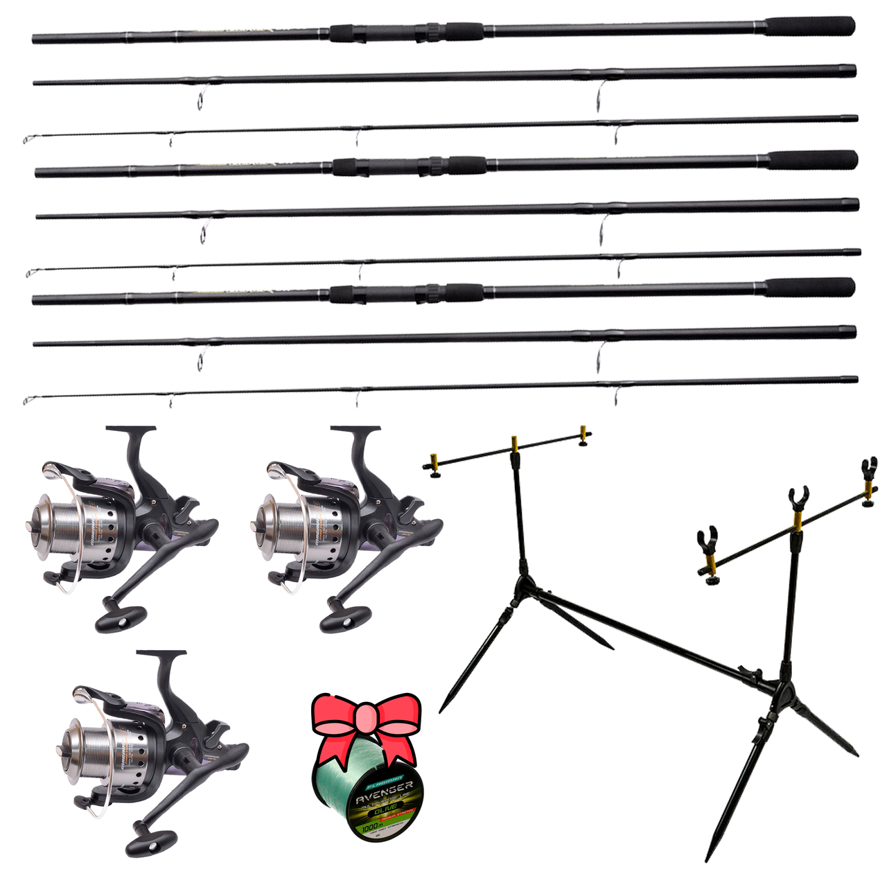 Карповий набір на 3 вудилища Flagman Black Carp з котушками + Род-под + Подарок