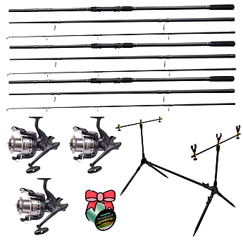 Карповий набір на 3 вудилища Flagman Black Carp з котушками + Род-под + Подарок
