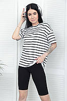 📌 Жіночий костюм з велосипедками, турецький кулір | Футболка в смужку + однотонні лосини | Норма