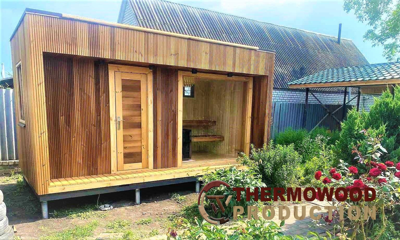 Модульна баня 5х2,6м Панорама Gartensauna-12 Thermowood Production під ключ від виробника