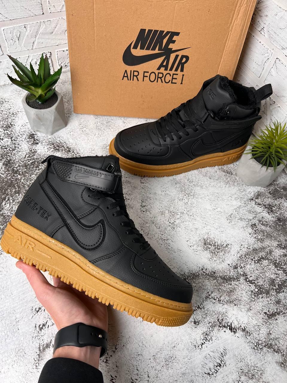 Мужские зимние кроссовки Nike Air Force Gore Tex High кожаные утепленные мехом черные - фото 1 - id-p1878377895