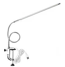 Настільна срібна LED лампа (10 Вт) FS-119 на гнучкій ніжці та струбцині, з USB шнуром - для освітлення робочого місця