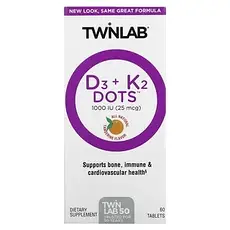 Twinlab, D3 Dots + K2, повністю натуральний мандарин, 1000 МО (25 мкг), 60 таблеток, Київ