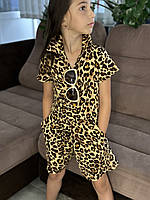 Детский трендовый летний лёгкий костюм для девочек с леопардовым принтом (рубашка + шорты)