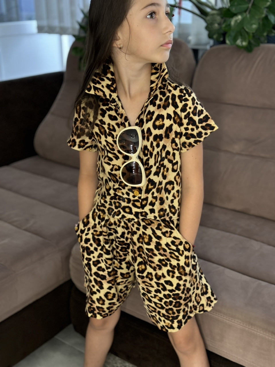 Дитячий трендовий літній костюм для дівчаток із леопардовим принтом (сорочка + шорти)