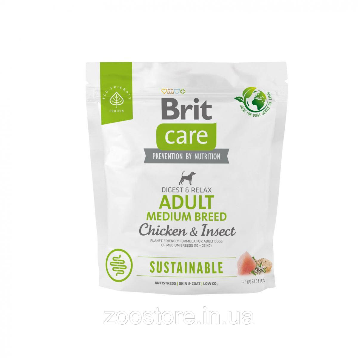 Корм сухий для собак середніх порід Brit Care Dog Sustainable Adult Medium Breed з куркою та комахами 1 кг