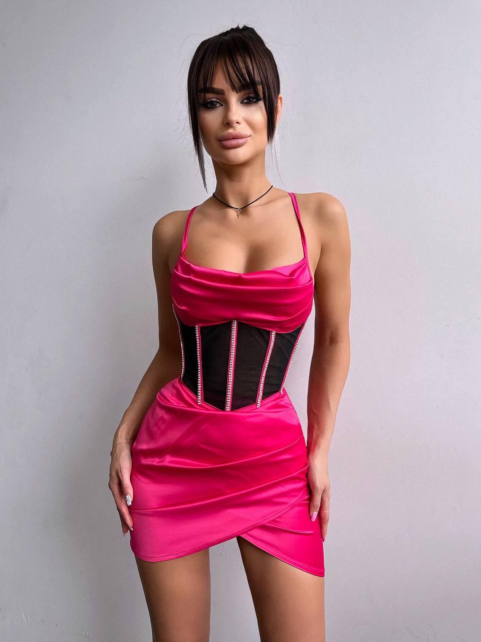 Ошатний жіночий костюм корсет декорований стразами та міні спідниця королівський атлас Kb1665