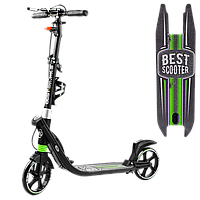 Самокат двухколесный с большими колесами и ручным тормозом Best Scooter Черный с зеленым