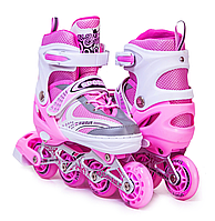 Ролики детские с защитой и шлемом четырехколесные для девочки с подсветкой размер М 34-37 Розовые