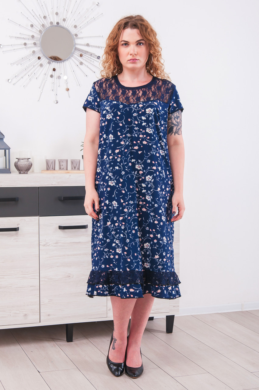 Купить Красивое летнее платье большого размера Венеция синее с мелкими ...