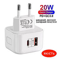 Быстрая зарядка для телефона, планшета. USB адаптер. Два разъема USB и Type С. 20W. Компактный размер.