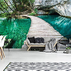 Шпалери 3D весна природа 368x254 см Вода Ландшафт Пішохідний Міст Скали (1215P8) Найкраща якість