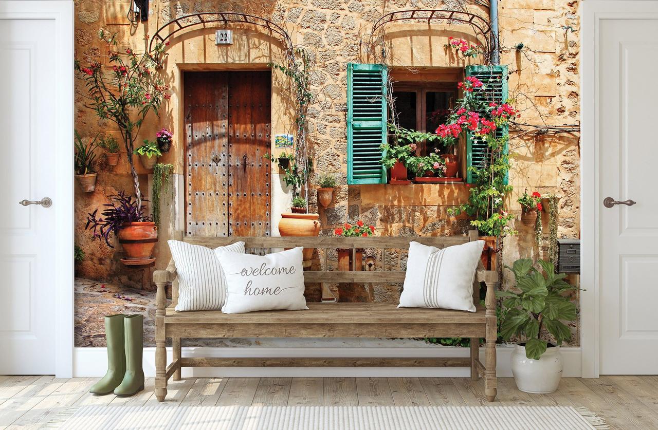 Шпалери в коридорі 254x184 см 3Д Красивий фасад будинку з квітами в горщиках (10388P4) Найкраща якість, фото 1