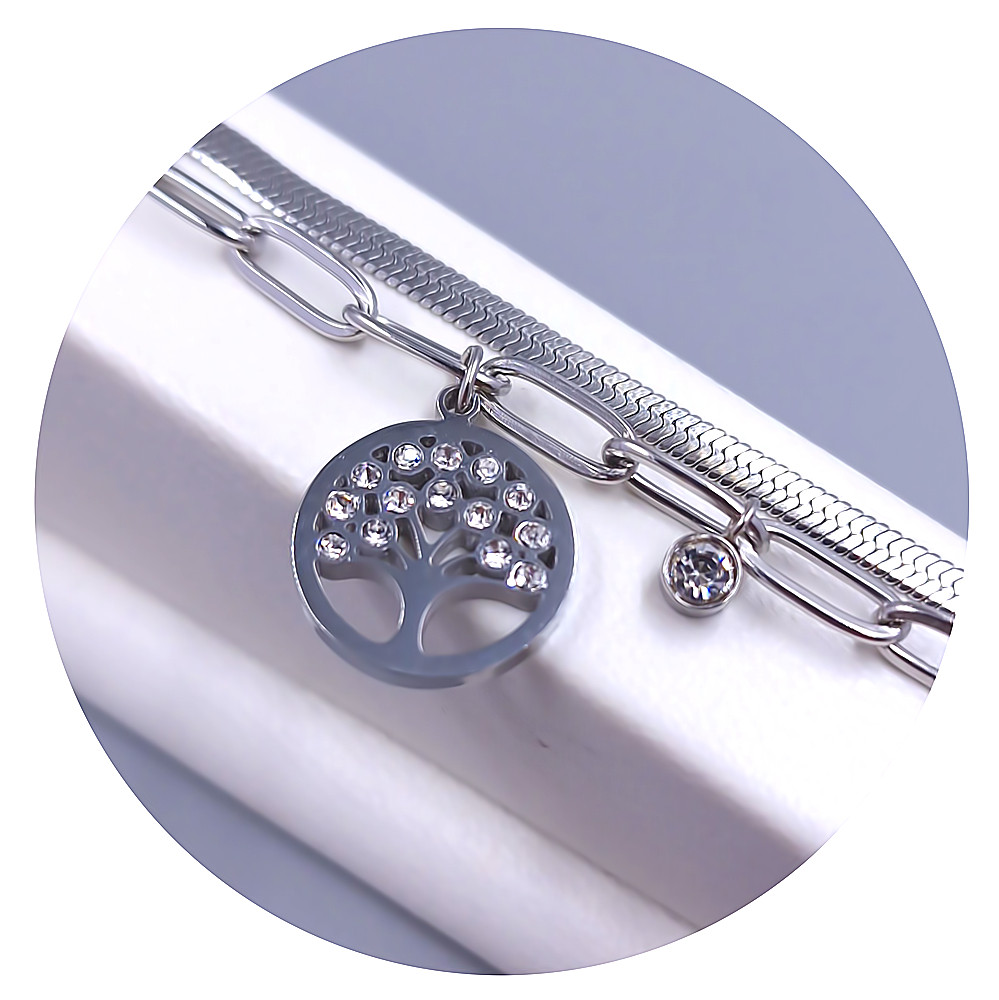 Подвійний браслет Stainless Steel. Сталь. Родій. Камені: білий циркон. Довжина: 16-21 см
