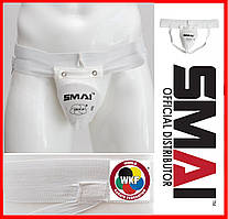 Захист паху чоловіча ракушка біла Smai для карате бойових мистецтв з ліцензією WKF карате