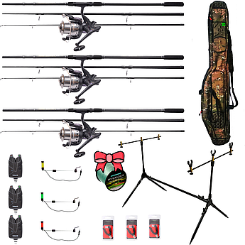 Карповий набір на 3 вудилища Flagman Black Carp з котушками + Род-под + Сигналізатори + Свінгери + Подарунок