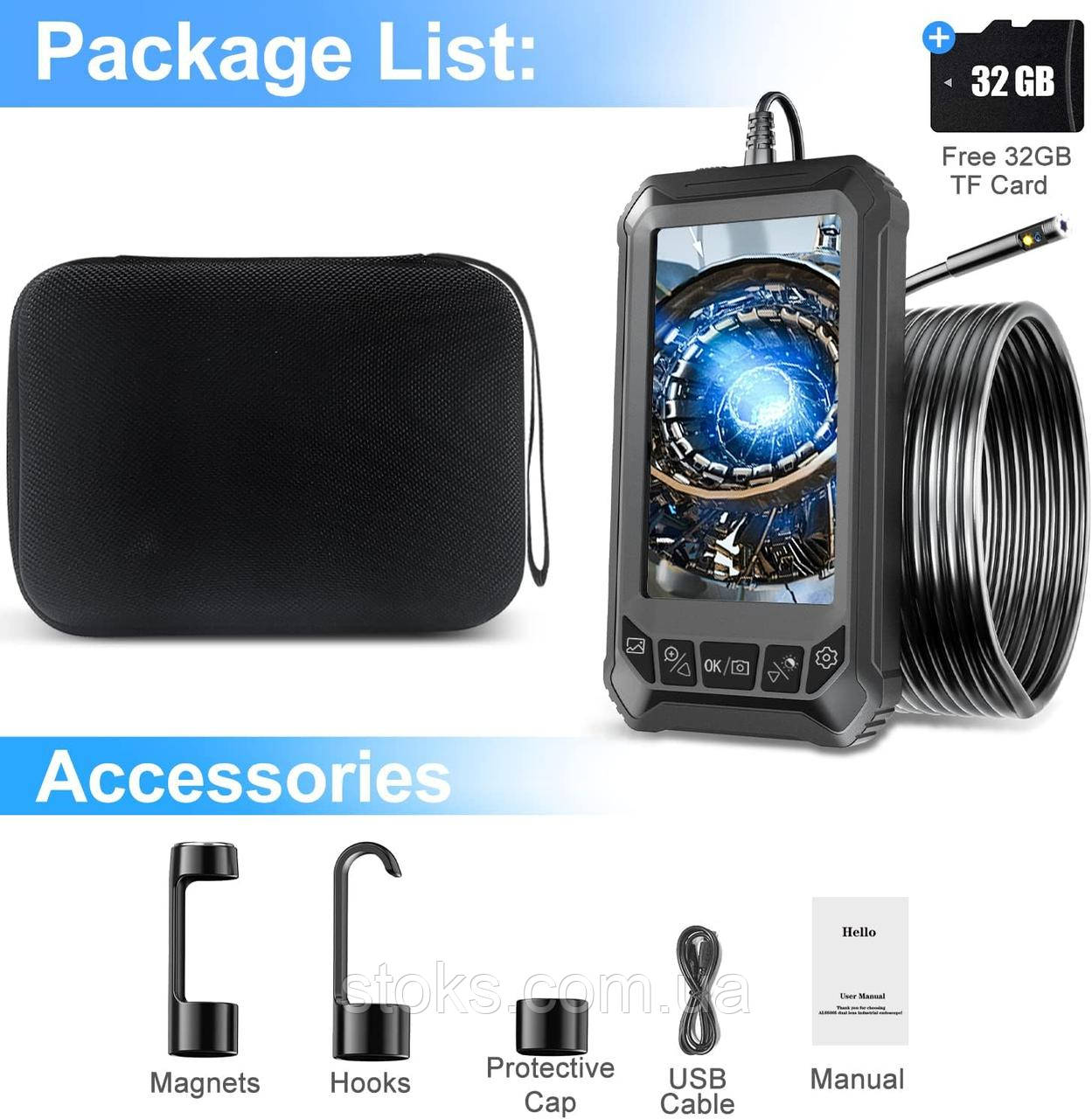 Ендоскоп дві камери 5" IPS бороскоп 32 ГБ 5 м гнучкий кабель 8 мм ALS5005, фото 1