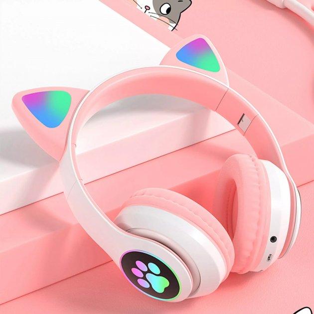 Дитячі бездротові Bluetooth-навушники Cat VZV-23M із котячими вушками та LED-підсвіткою Рожеві Доставка по Україні, фото 1
