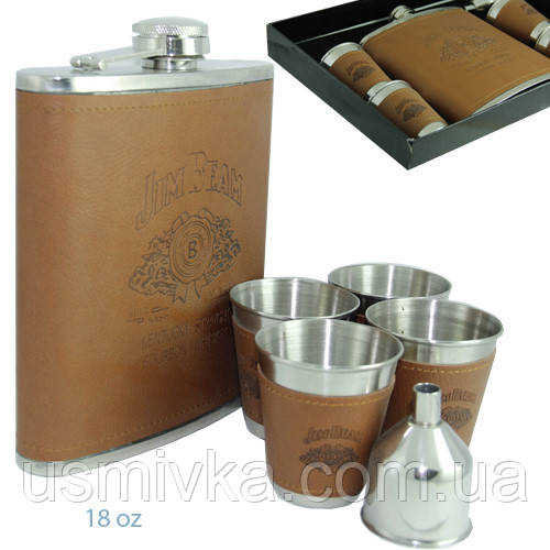 Подарункова фляга (500 мл) Jim Beam у наборі з чотирма стаканчиками і лійкою. FP61035