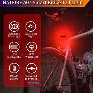 Розумна велофара NATFIRE / задній велогабарит / мигавка (16 LED 100lumen 800mAh) від USB