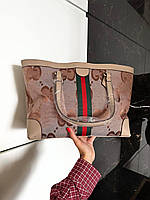 Женская сумка шопер подарочная Gucci Tote Bag (бежевая) Gi3801 стильная с короткими ручками тиснением