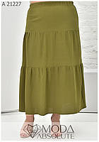 Летняя женская длинная юбка из креп-жатки цвета хаки батал с 50 по 74 размер