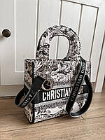 Женская подарочная сумка Dior Lady (черно-белая) AS114 красивая стильная с надписью Кристиан Диор