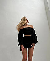 Женская блузка стильная повседневная открытые плечи и спина свободный рукав цвет чёрный и белый