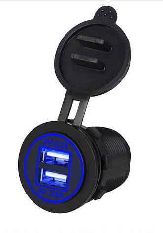 Автомобільний зарядний пристрій 2хUSB (12/24V) із синьою підсвіткою, фото 1