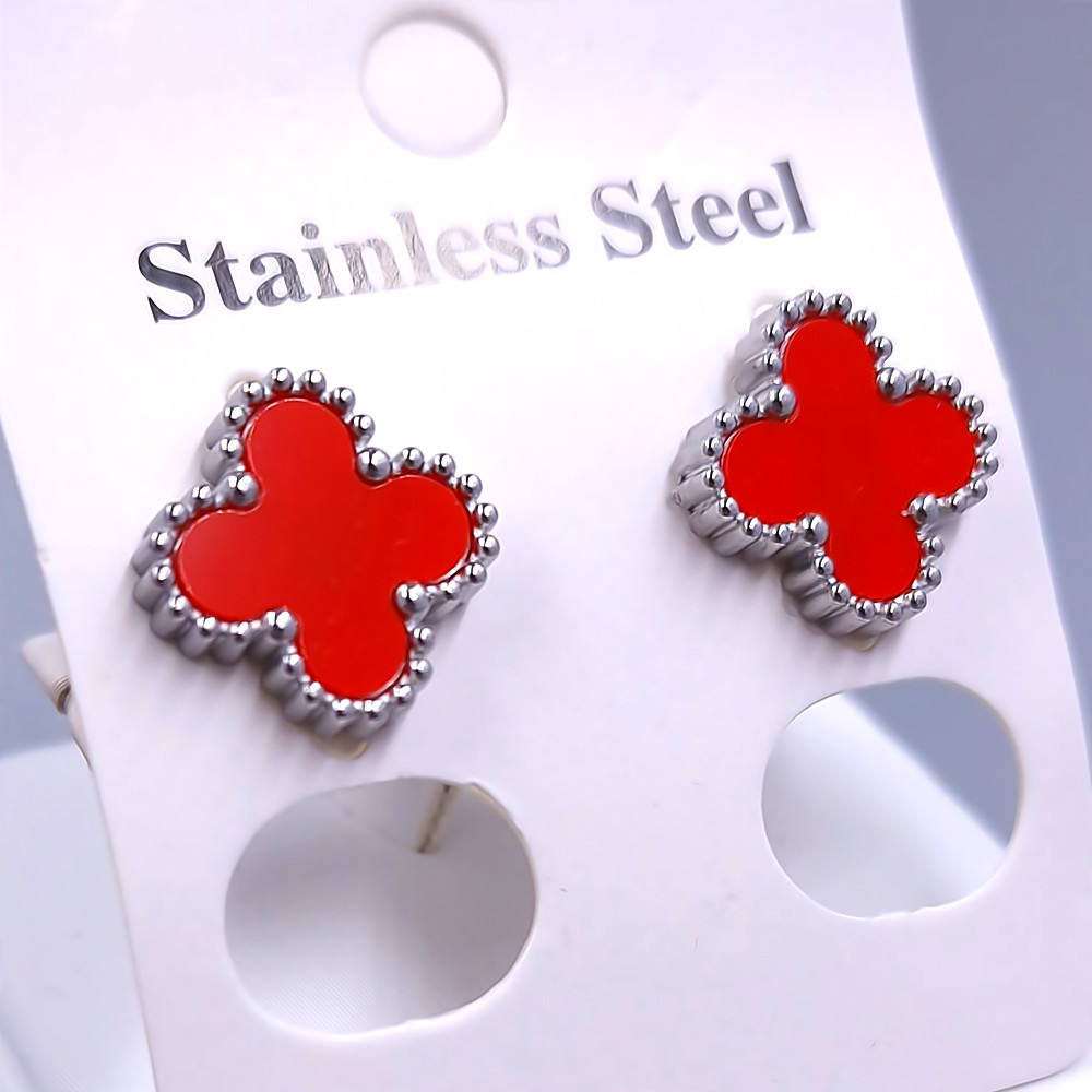 Сережки-гвоздики Stainless Steel з червоною емаллю. Сталь. Родій. Діаметр: 11 мм