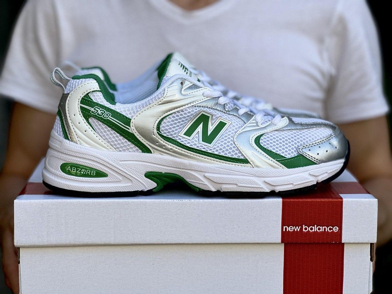 Чоловічі кросівки New balance 530 White Green Silver Нью Беланс 530 білі із зеленим текстиль-сітка демісезон