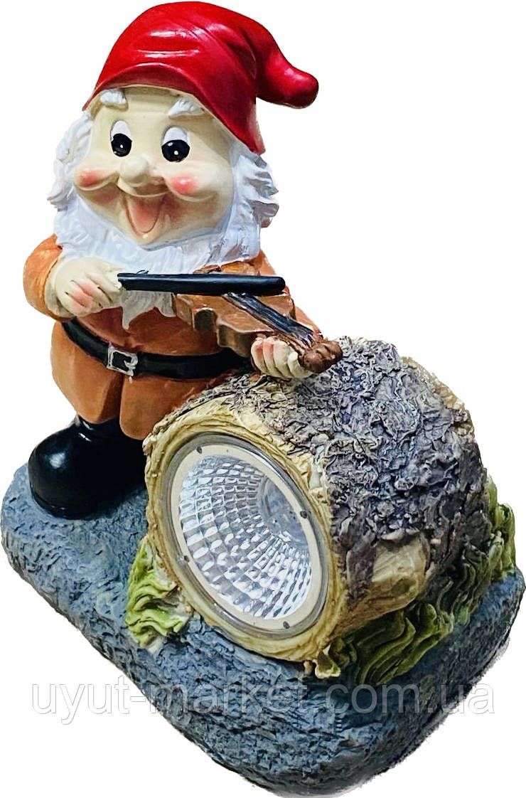 Садовий світильник гном зі скрипкою, на сонячній батареї 140х110х170мм полімер, фото 1