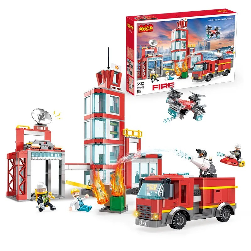 Конструктор Cogo Fire Пожежна станція 3622, пожежна машина, гідроцикл, квадрокоптер, блоковий, 616 дет., іграшка