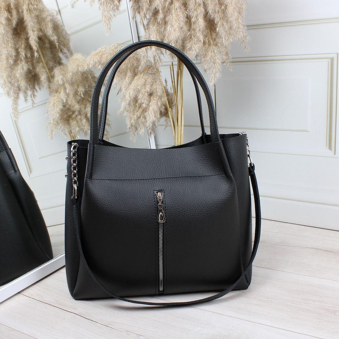 Велика чорна сумка на плече міська модна стильная шоппер шкірзам