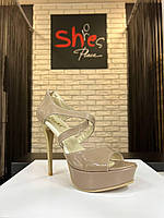 Босоніжки жіночі на високих підборах лакові капучино з натуральної шкіри на шпильці стильні