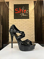 Босоножки женские на высоком каблуке черные из натуральной лаковой кожи на шпильке модные 39 размер