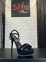 Босоніжки жіночі на високих підборах чорні замшеві на шпильці модні стильні люкс