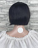 Перука чорна з натурального волосся з імітацією роста волосся проділ каре, фото 3