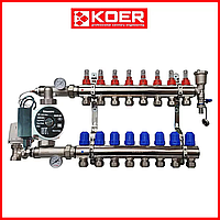 Коллектор KR для теплого пола латунный в сборе с насосом на 8 контуров