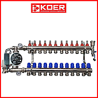Коллектор KR для теплої підлоги латунний в зборі з насосом на 12 контурів