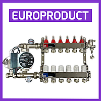 Коллектор EP для теплого пола латунный в сборе с насосом на 6 контуров