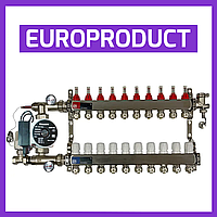 Коллектор EP для теплого пола латунный в сборе с насосом на 10 контуров