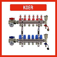 Коллектор для теплого пола в сборе на 6 контуров KOER с расходомерами, термометрами, конечными элементами