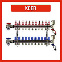 Коллектор для теплого пола в сборе на 11 контуров KOER с расходомерами, термометрами, конечными элементами