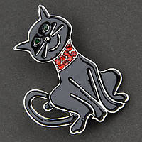 Брошь металлическая на серебристой основе черный кот с зелёными и красными хрустальными камням размер 40х30 мм