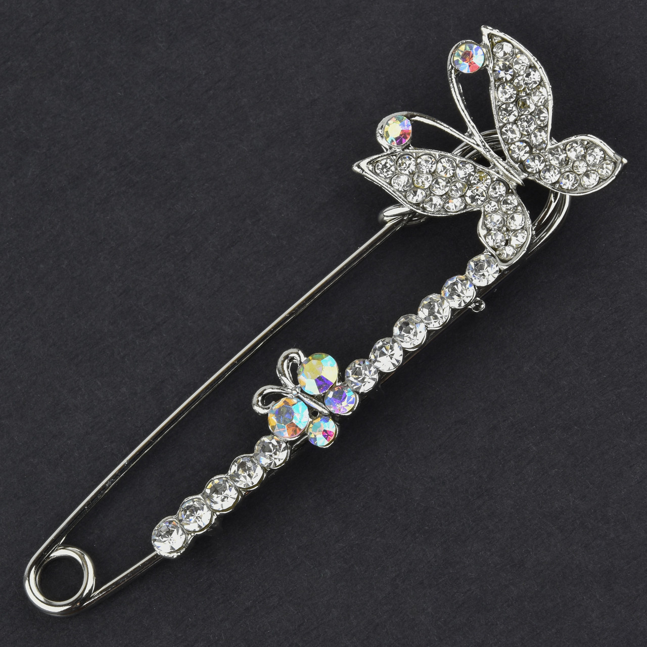 Брошка-бавка металева срібляста з кристалами, великий метелик, розмір виробу 80 мм
