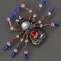 Брошь металлическая на серебристой основе паук с разноцветными стразами покрыта цветной эмалью размер 55х75 мм
