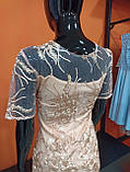Плаття ошатне пряме гіпюр вечірнє мереживо короткий рукав М персикове, фото 7