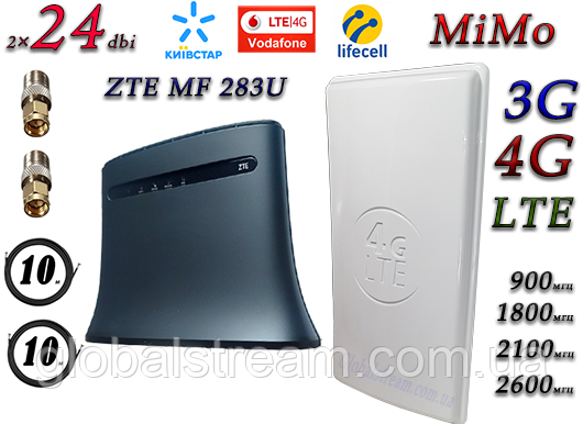 Повний комплект для 4G/LTE/3G з WiFi Роутер ZTE MF 283U + Антена планшетна MIMO 2×24dbi (48 дб) 698-2690 МГц