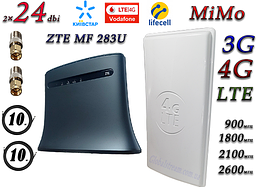 Повний комплект для 4G/LTE/3G з WiFi Роутер ZTE MF 283U + Антена планшетна MIMO 2×24dbi (48 дб) 698-2690 МГц